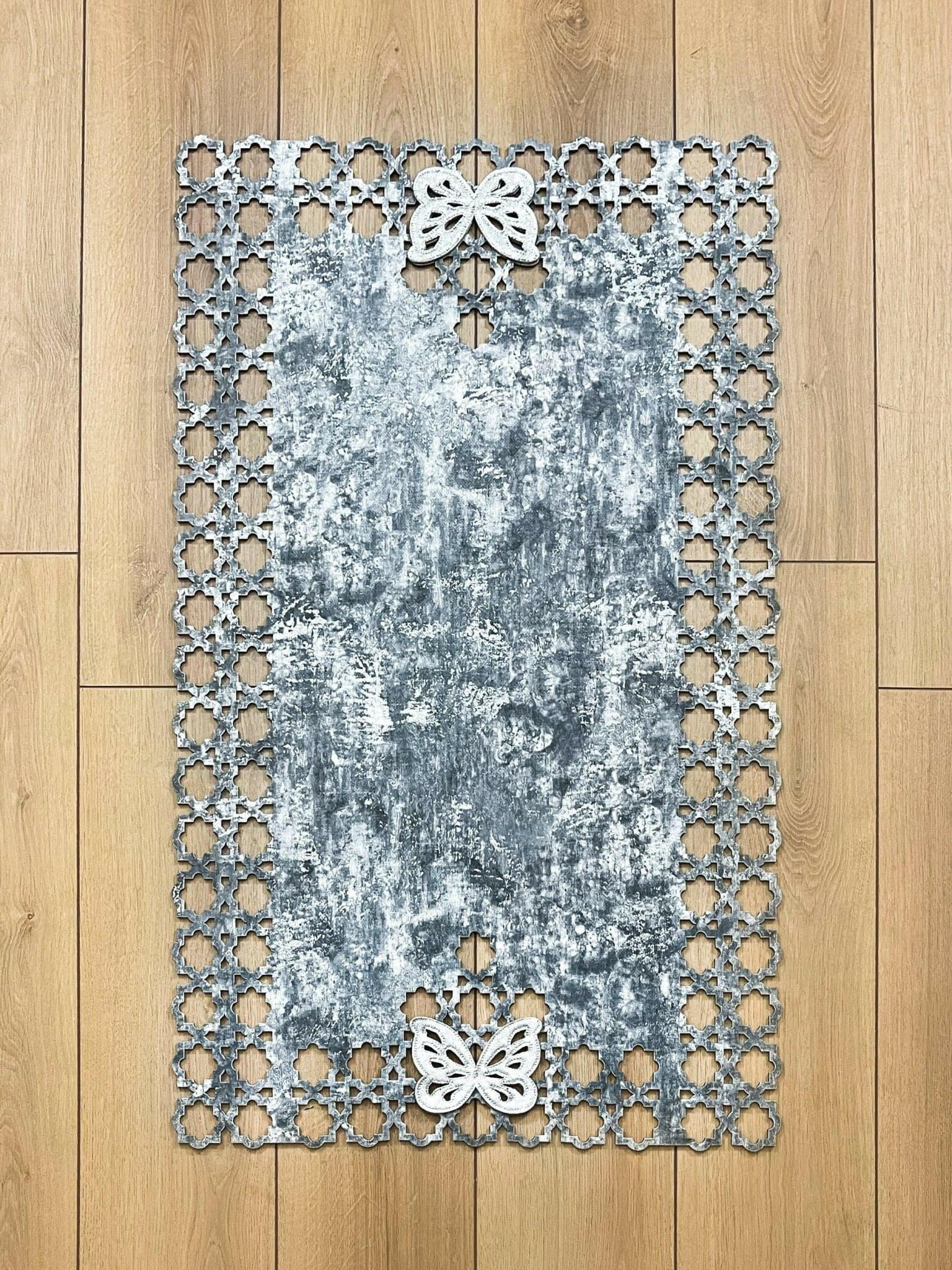 Kelebek Grey Rug - Creative Home Designs, Butterfly Turkish Carpet, Non Slip Washable Velvet Mat