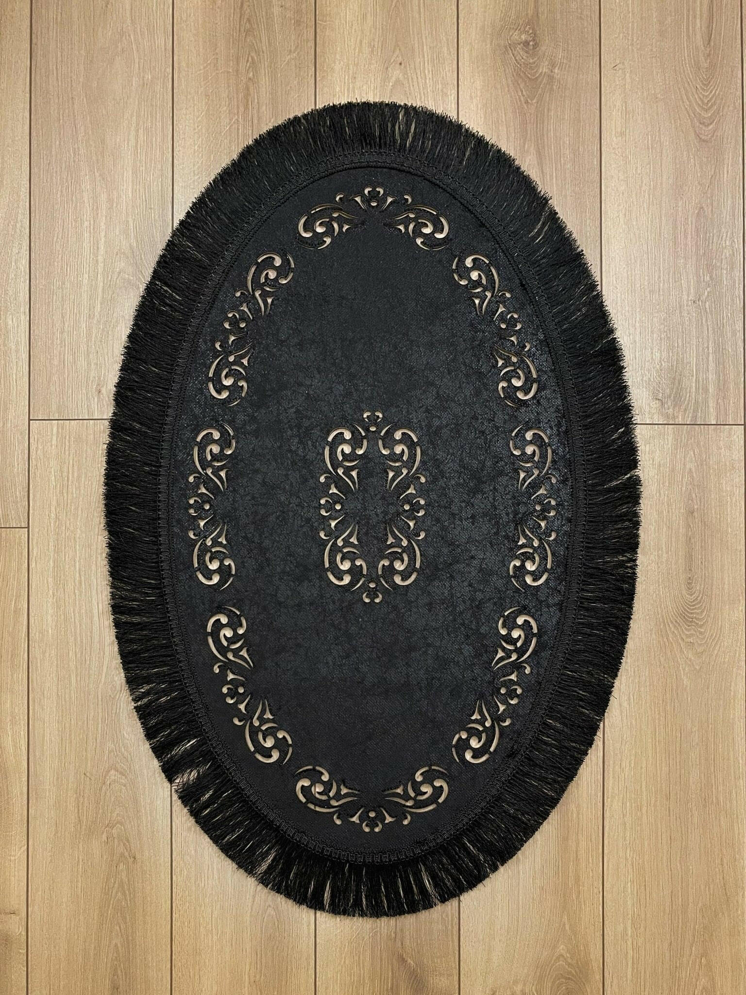 Melda Rug Black Oval Rug - Creative Home Designs Rugs, Turkish Carpet With Tassels & Diamonds, Non Slip Mat