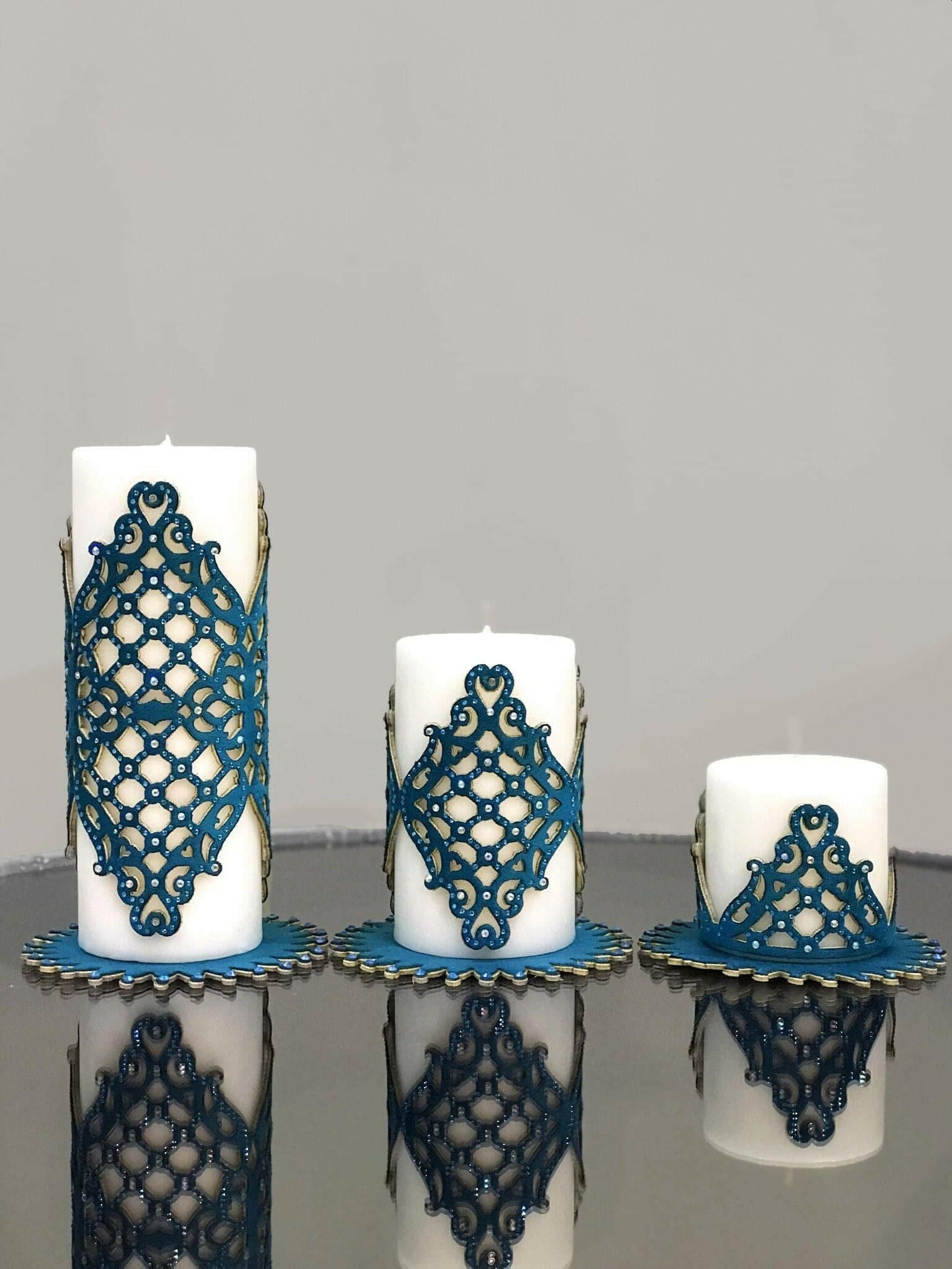Mihrace Petrol Blue Candle Set of 3, Leather Oriental Pattern, Decorative Candles,CS-CH-MHRC-Blu
