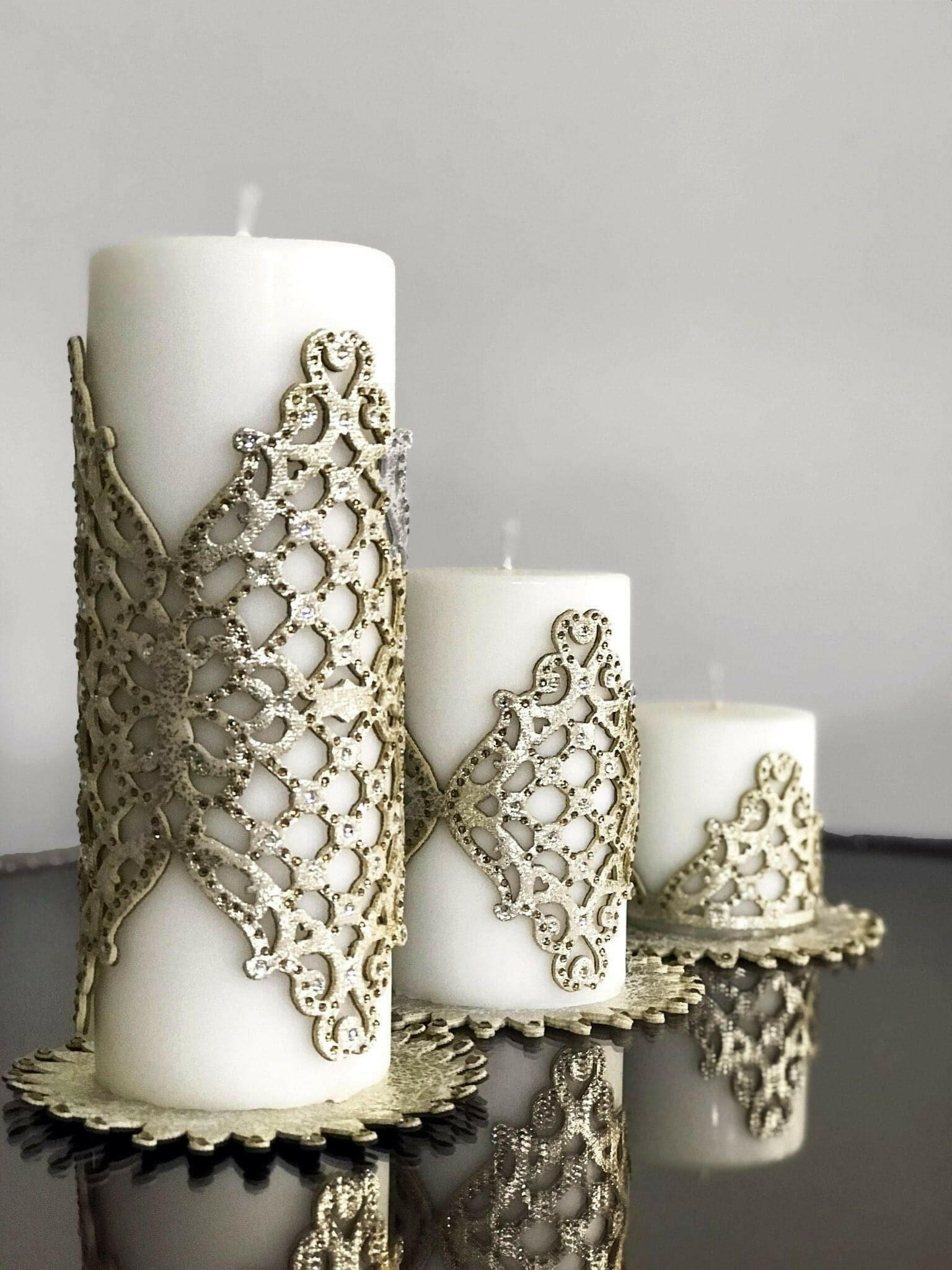 Mihrace Petrol Gold Candle Set of 3, Leather Oriental Pattern, Decorative Candles