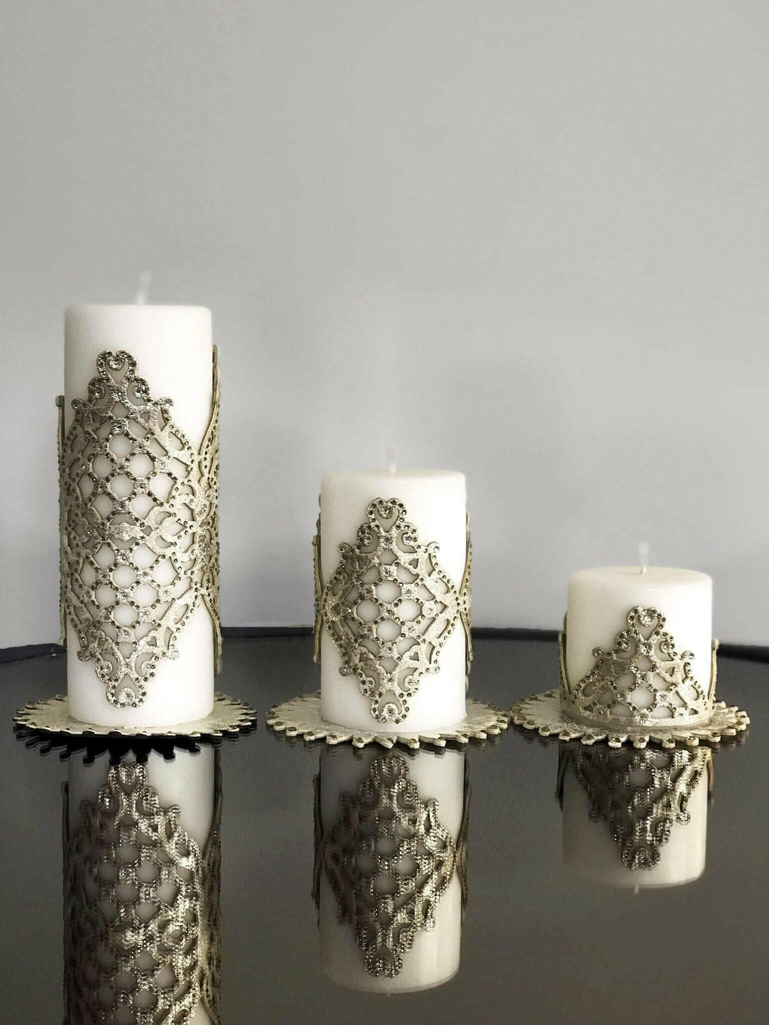 Mihrace Petrol Gold Candle Set of 3, Leather Oriental Pattern, Decorative Candles,CS-CH-MHRC-Go