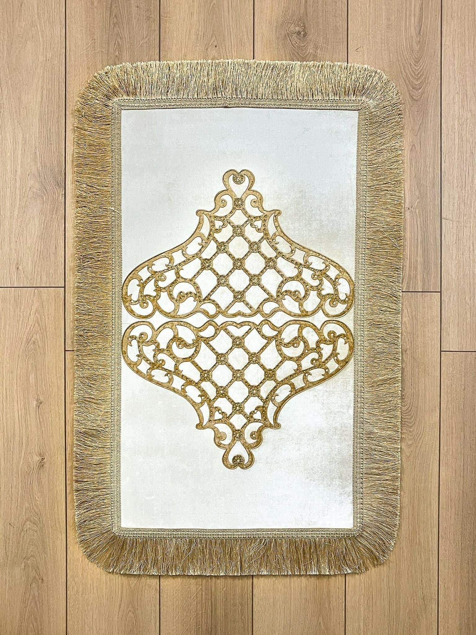 Mihrace Rug Oriental Chic Ecru & Gold Color Rug - Creative Home Designs Rugs, Oriental Style Turkish Carpet, Rectangular Mat With Diamonds & Tassels
