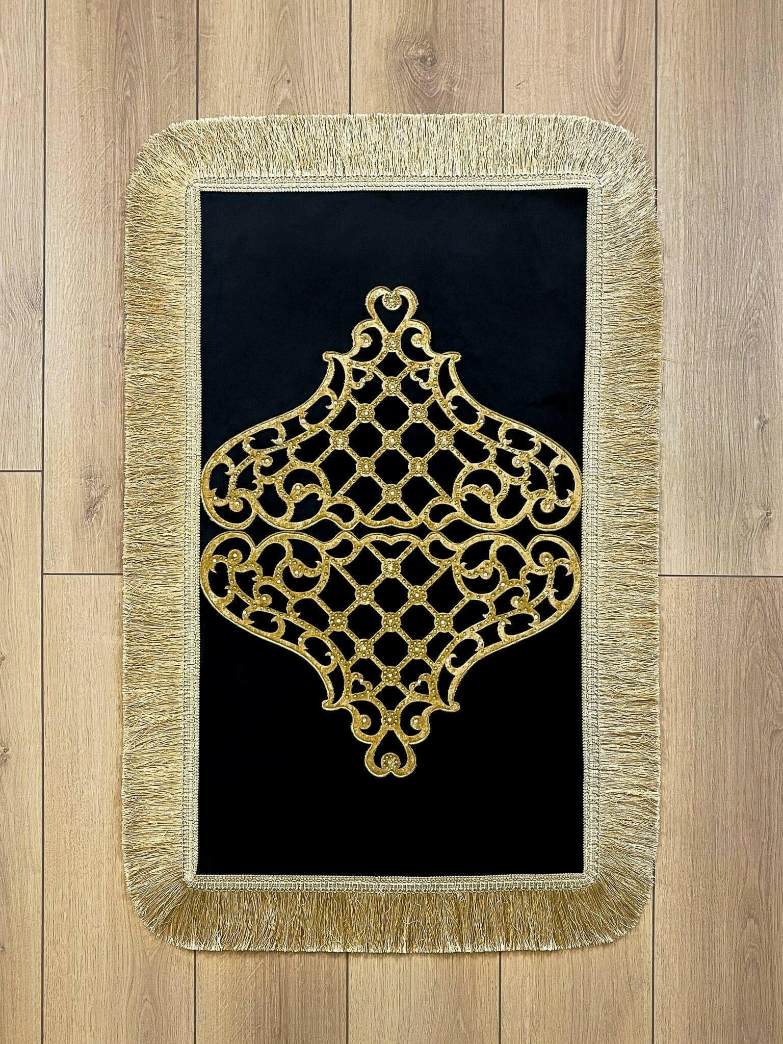 Mihrace Rug Oriental Chic Black & Gold Color Rug - Creative Home Designs Rugs, Oriental Style Turkish Carpet, Rectangular Mat With Diamonds & Tassels