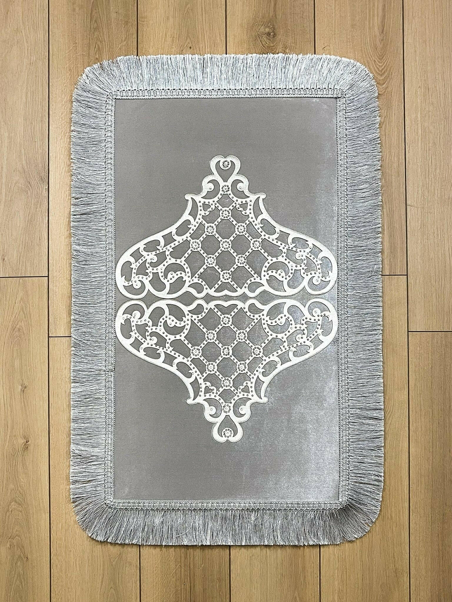 Mihrace Rug Oriental Chic Grey & Silver Color Rug - Creative Home Designs Rugs, Oriental Style Turkish Carpet, Rectangular Mat With Diamonds & Tassels