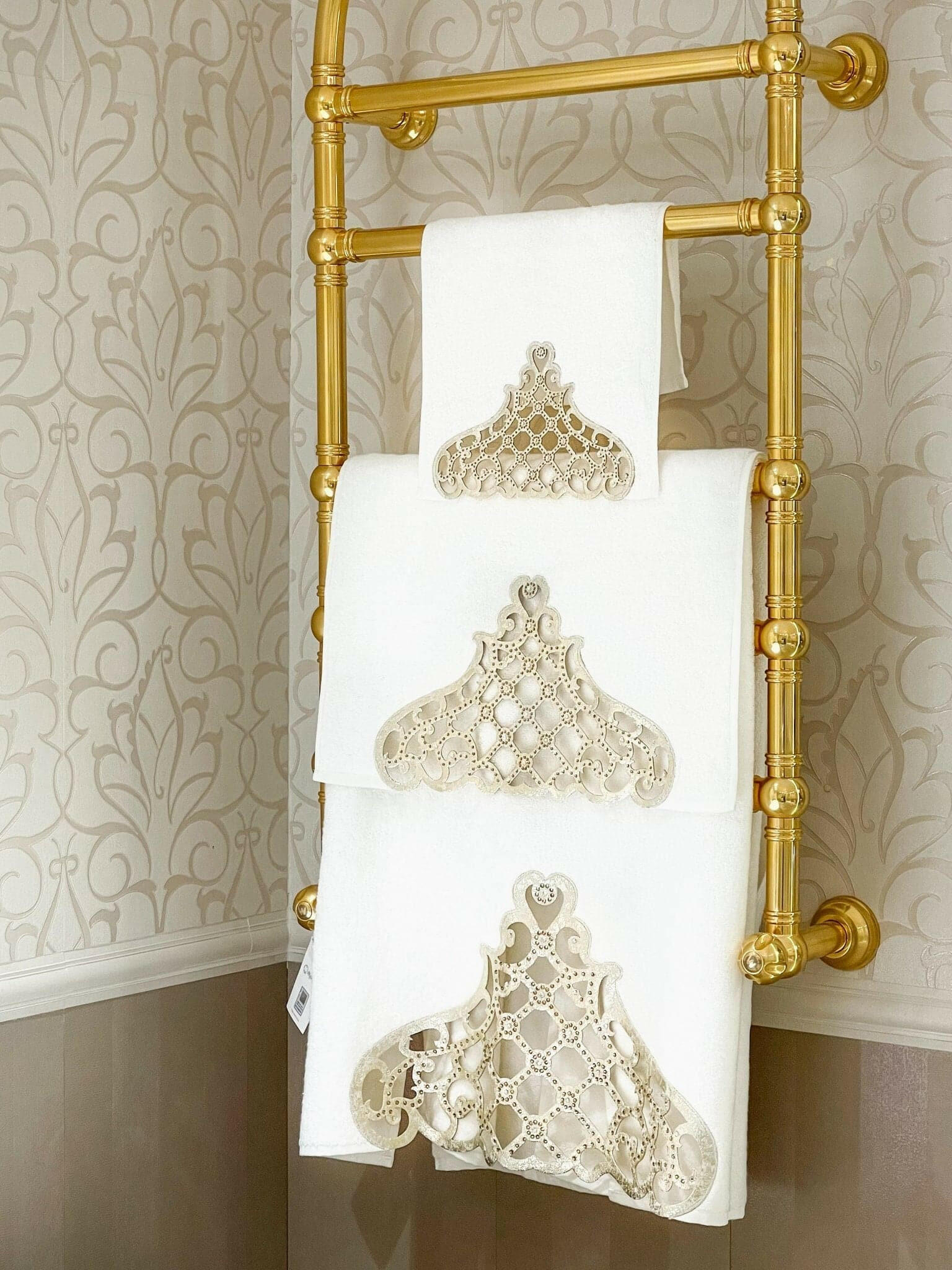 Mihrace Towel Set - Creative Home Designs,Cut Through Gold Leather Velvet Luxury Cream Turkish Oriental Towel with Velvet and Diamonds