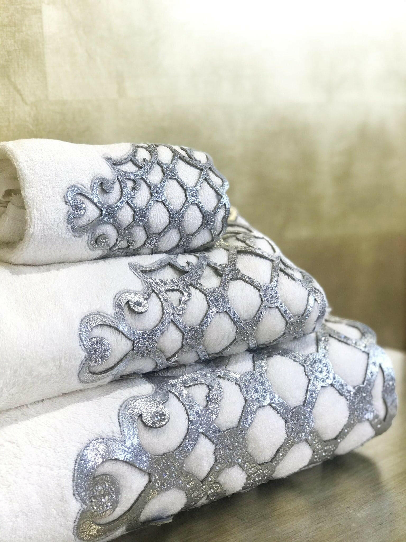 Mihrace Silver Towel Set - Creative Home Designs, Cut Through Grey Silver Leather Velvet Luxury Cream Turkish Oriental Towel with Velvet and Diamonds,TS-CH-MHRC-Si