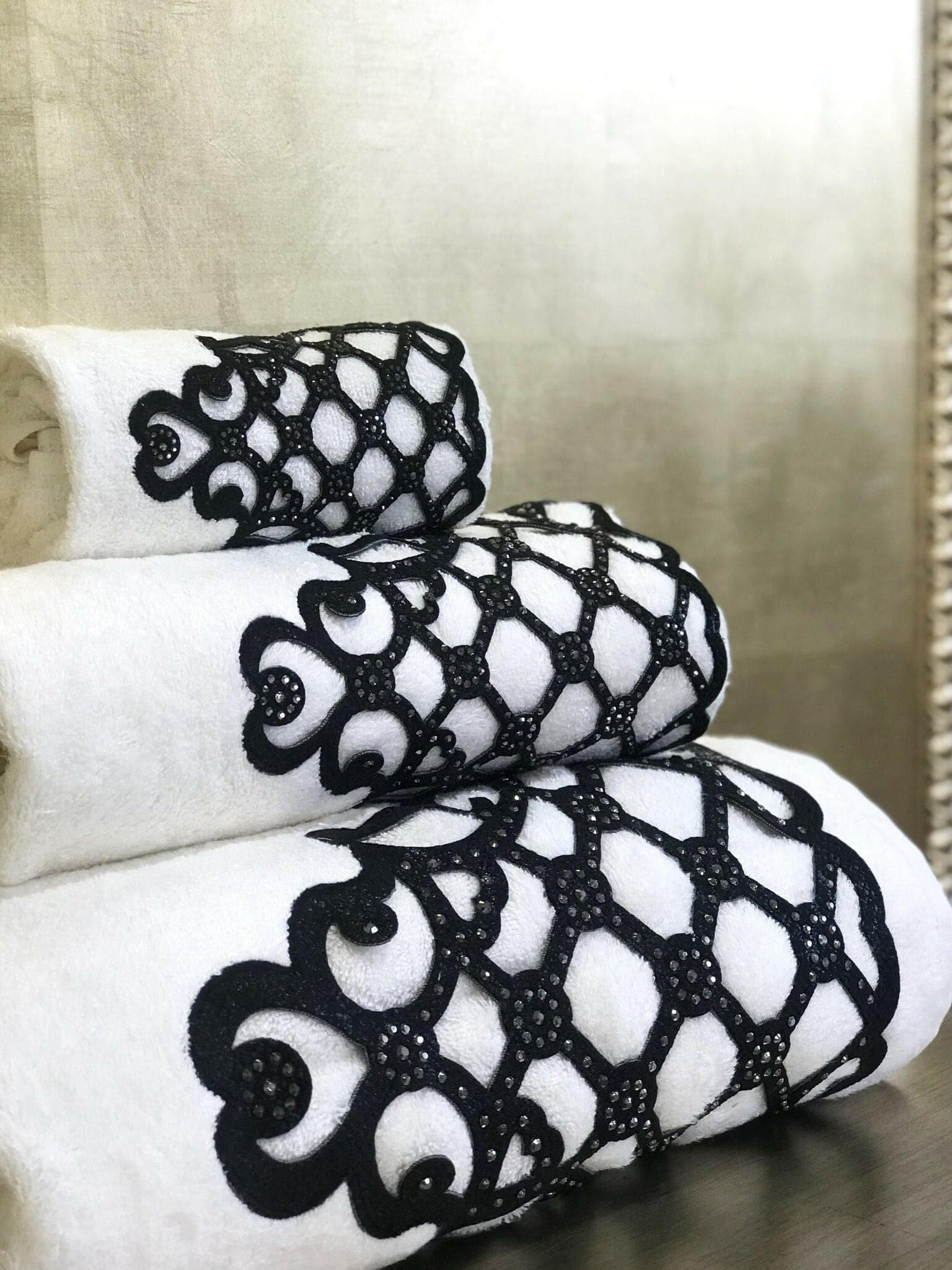 Mihrace Black Towel Set - Creative Home Designs, Cut Through Black Silver Leather Velvet Luxury Ecru Turkish Oriental Towel with Velvet and Diamonds