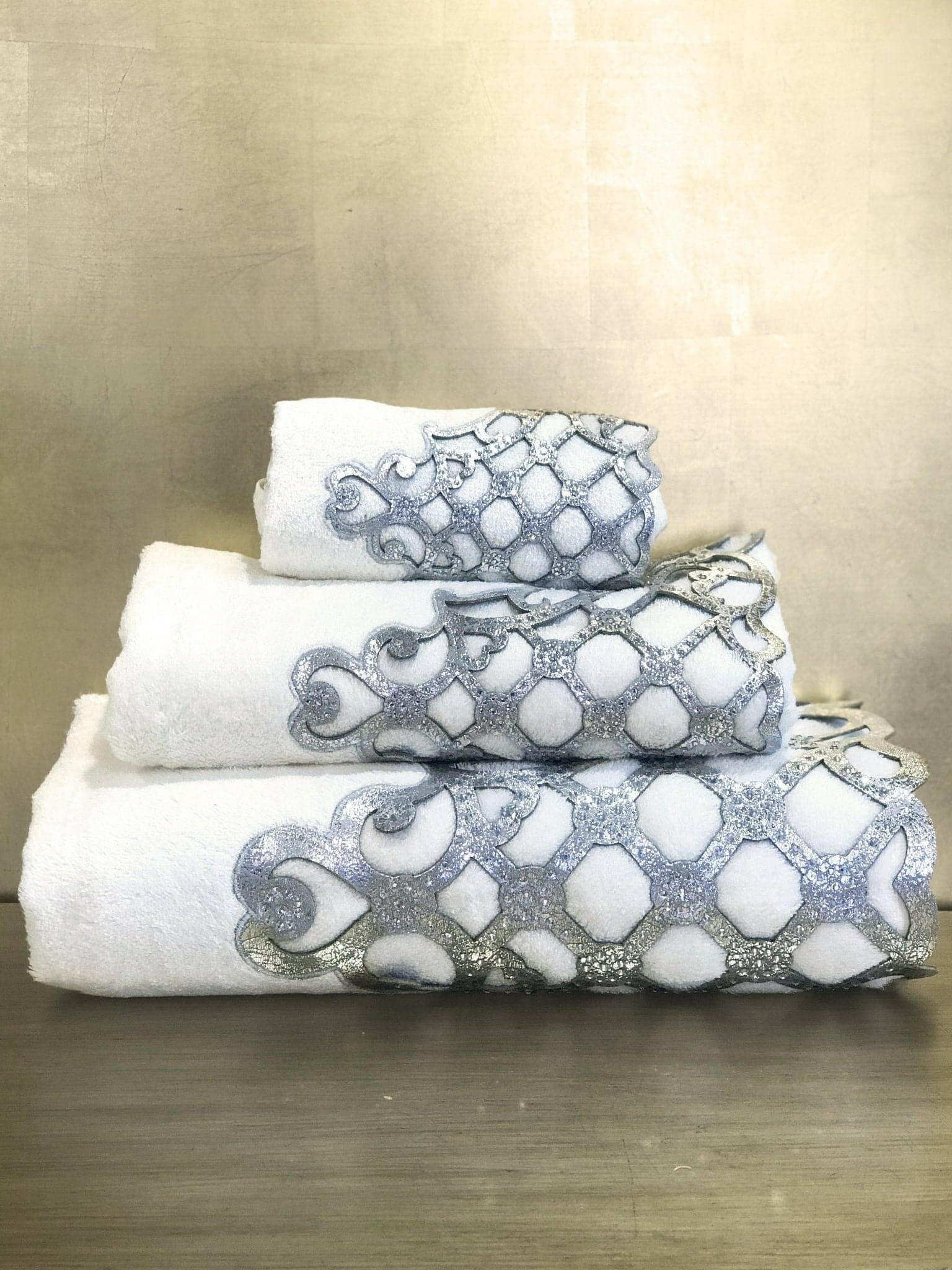 Mihrace Silver Towel Set - Creative Home Designs, Cut Through Grey Silver Leather Velvet Luxury Cream Turkish Oriental Towel with Velvet and Diamonds