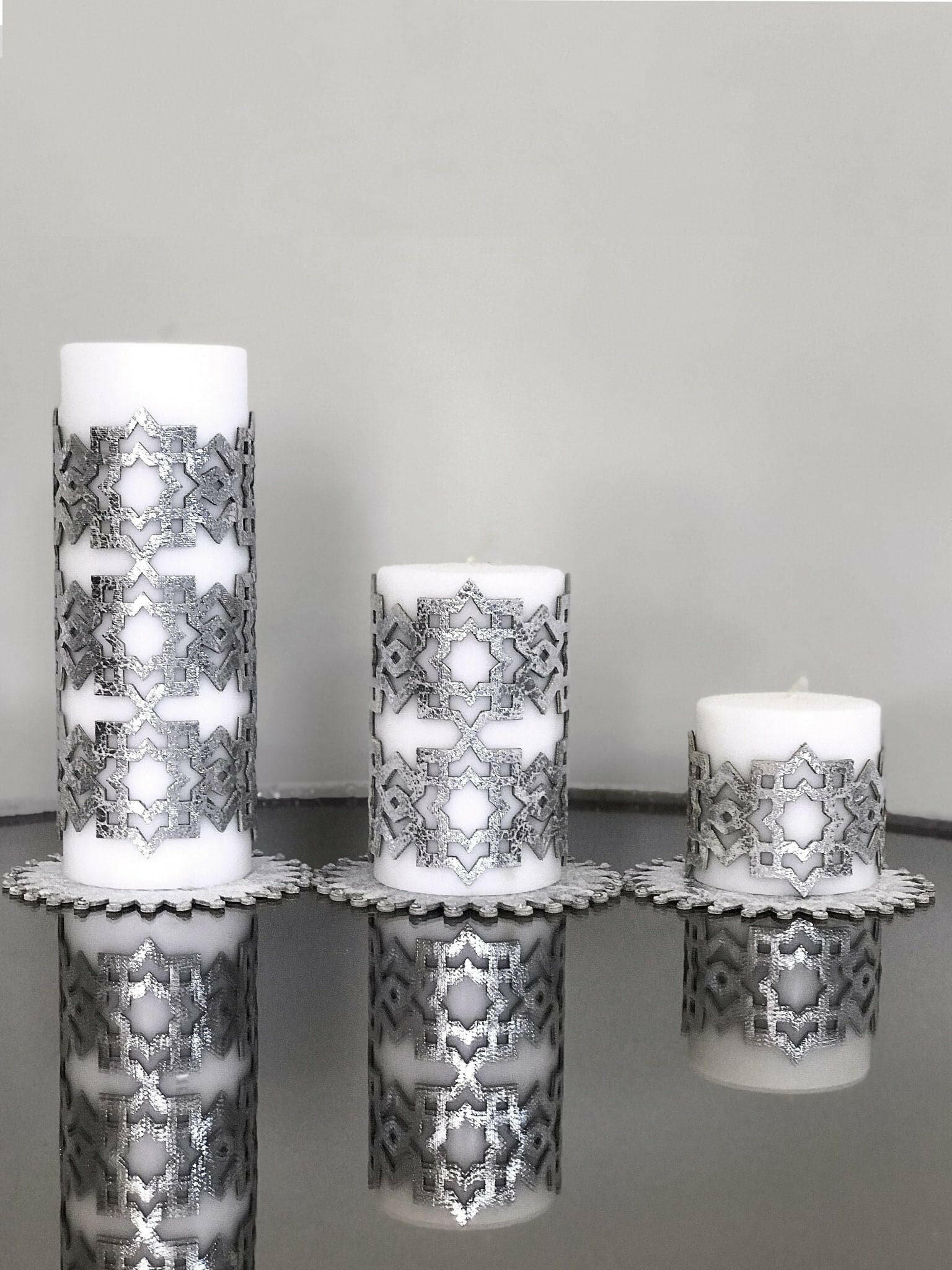 Ottoman Silver Gray Color Candle Set of 3, Leather Geometric Pattern, Decorative Creative Home Designs Candles