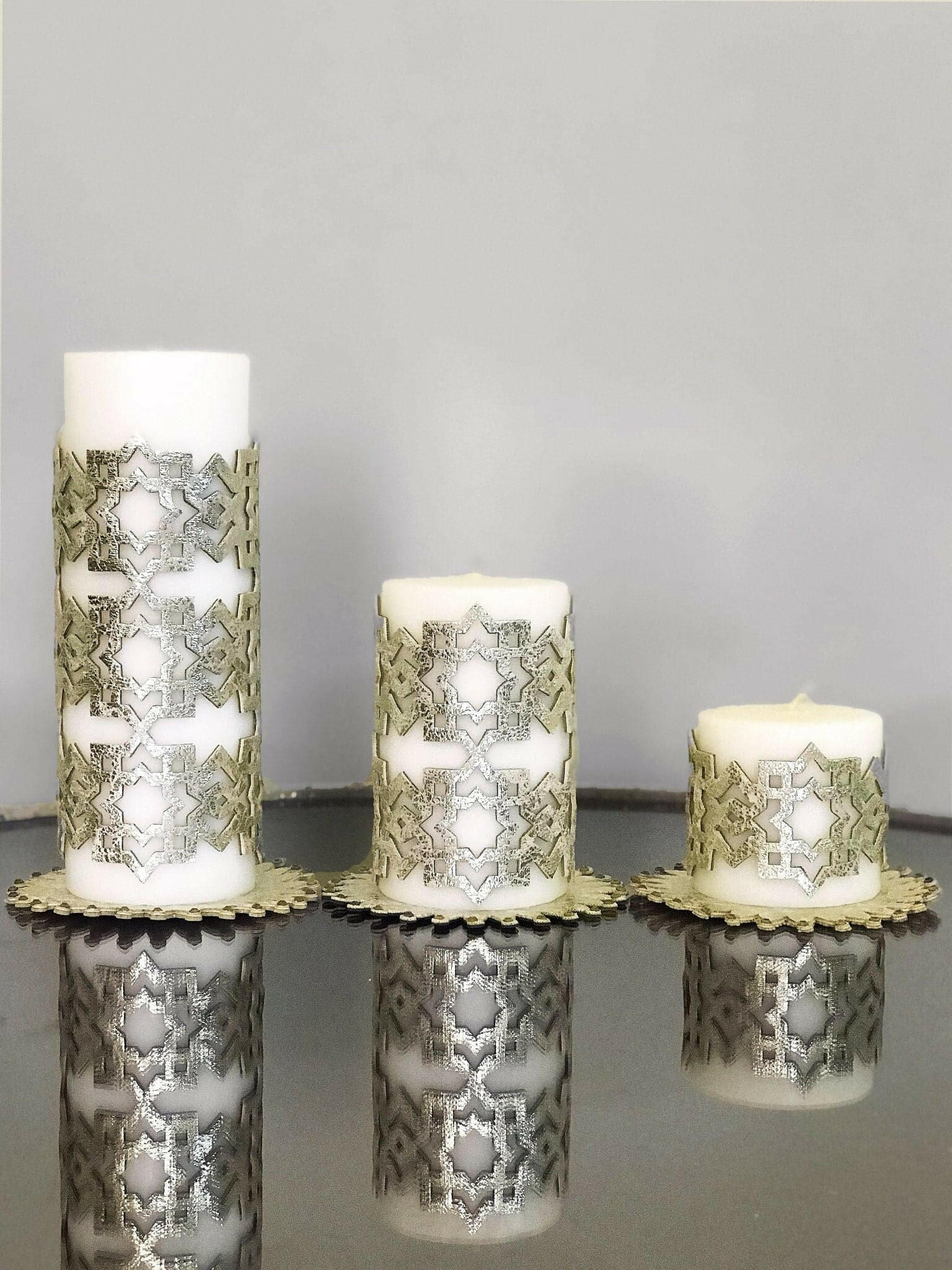 Ottoman Gold Color Candle Set of 3, Leather Geometric Pattern, Decorative Creative Home Designs Candles