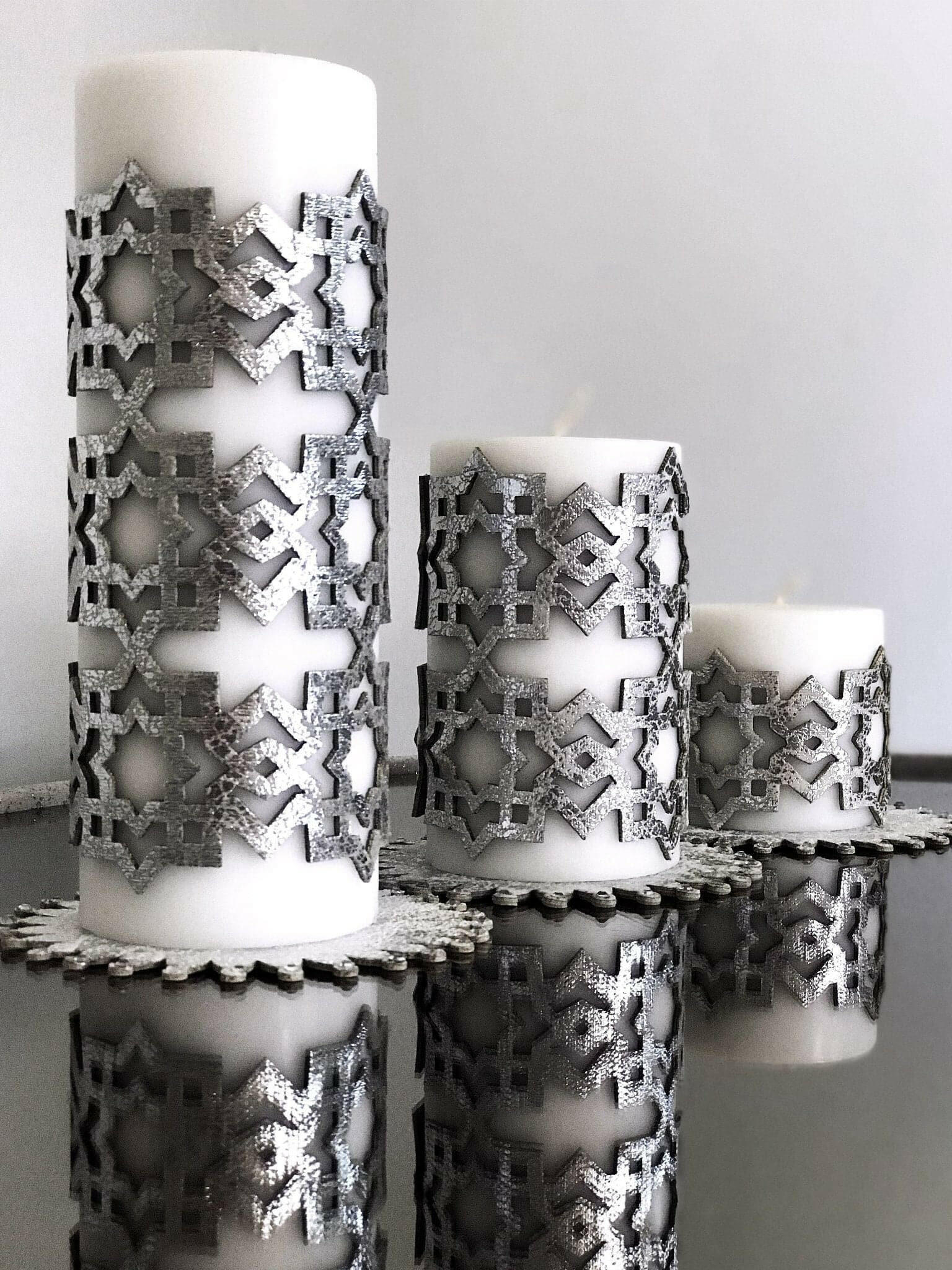 Ottoman Silver Gray Color Candle Set of 3, Leather Geometric Pattern, Decorative Creative Home Designs Candles,CS-CH-OTMN-Si