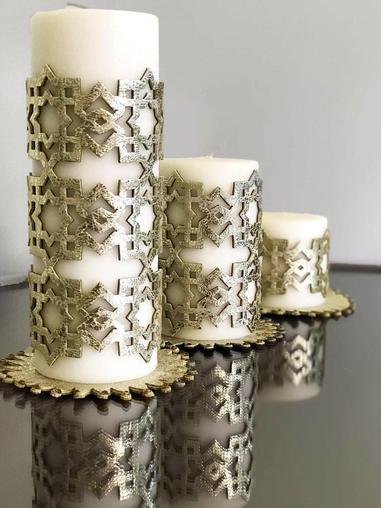 Ottoman Gold Color Candle Set of 3, Leather Geometric Pattern, Decorative Creative Home Designs Candles,CS-CH-OTMN-Go