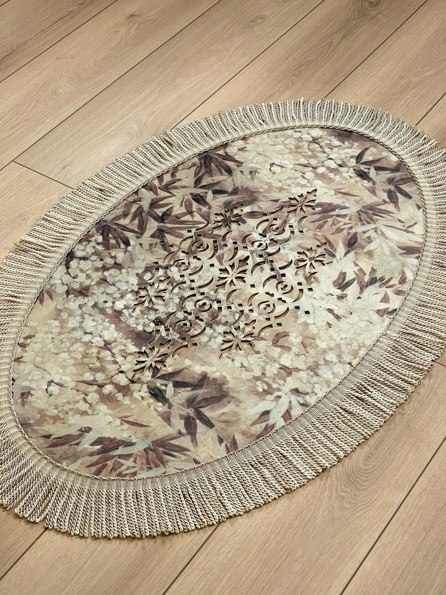 Palma Oval Coffee Brown Velvet Bathroom & Area Lounge Rug, Cut Through Floral Inspired Carpet with Tassels, Turkish Non-Slip Handmade Mat by Creative Home,RUG-PALMA-Bro-4060,RUG-PALMA-Bro-60100,RUG-PALMA-Bro-70120,RUG-PALMA-Bro-90150,RUG-PALMA-Bro-121182,RUG-PALMA-Bro-152243