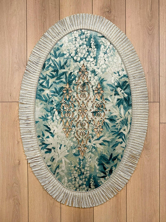 Palma Oval Turquoise Velvet Rug, Cut Through Floral Inspired Carpet with Tassels, Turkish Non-Slip Handmade Mat by Creative Home