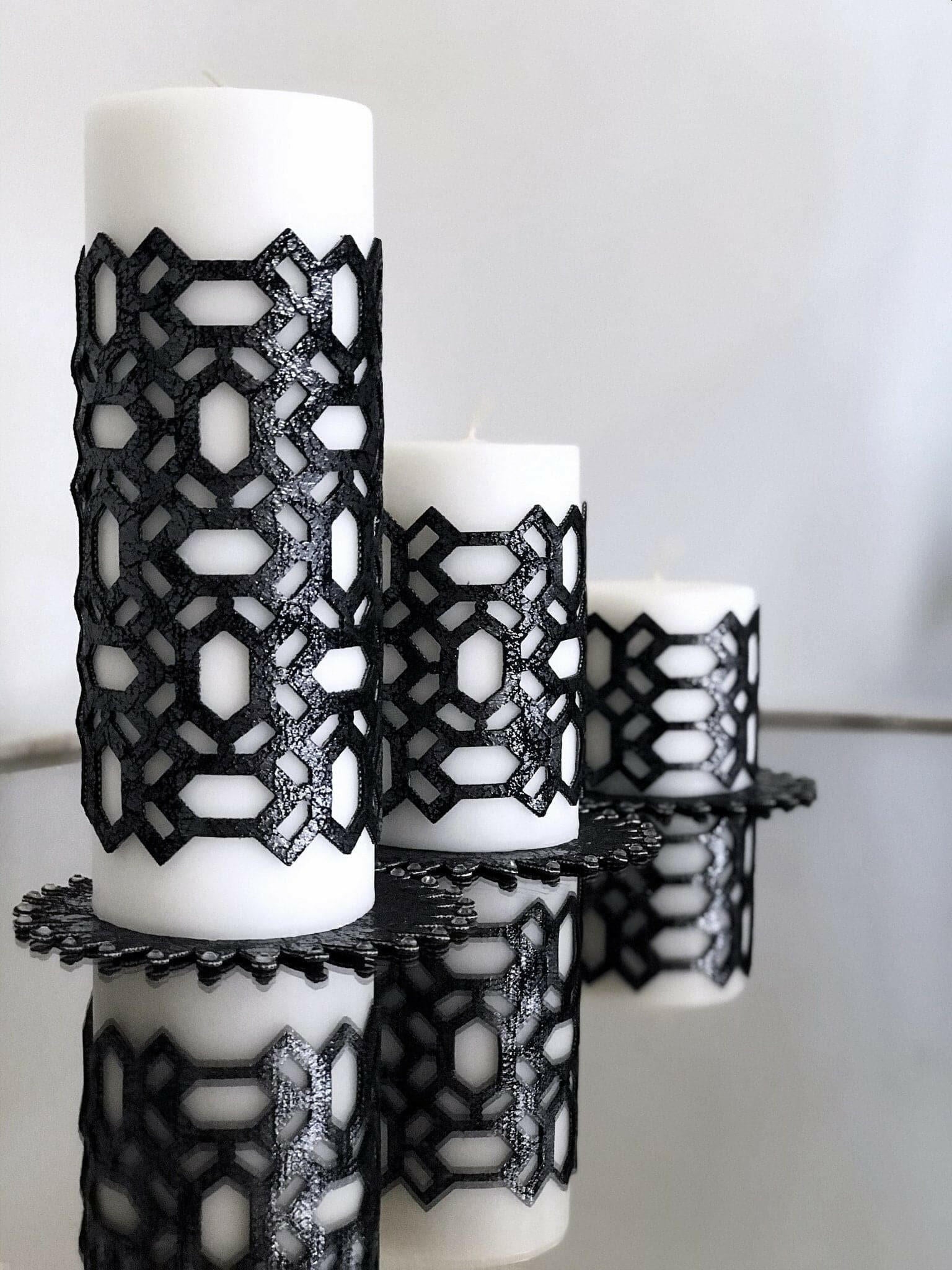 Petek Candle Set of 3 with Black Applique, Leather Geometric Pattern, Decorative Creative Home Designs Candles