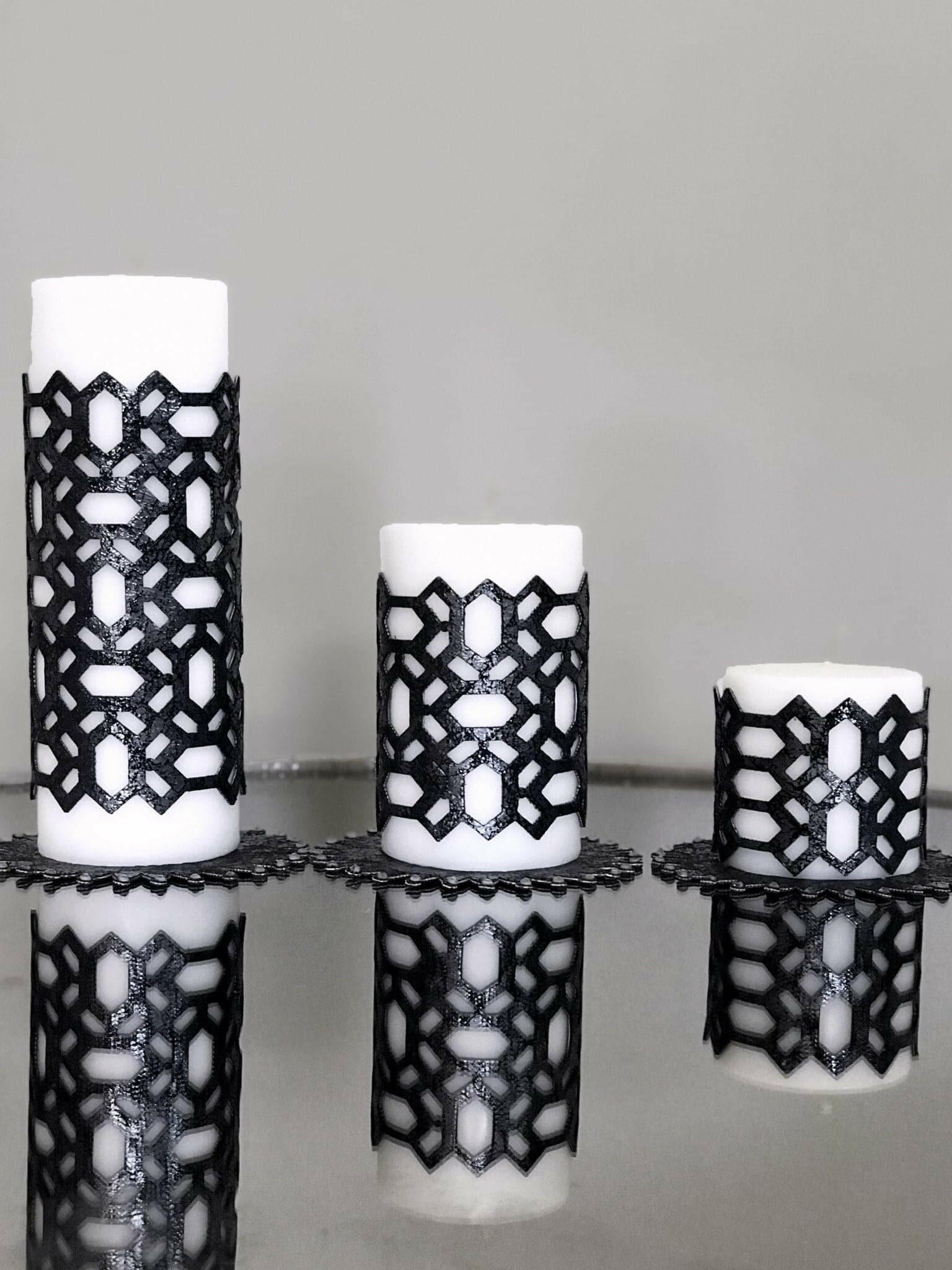 Petek Candle Set of 3 with Black Applique, Leather Geometric Pattern, Decorative Creative Home Designs Candles,CS-CH-PTK-Bla