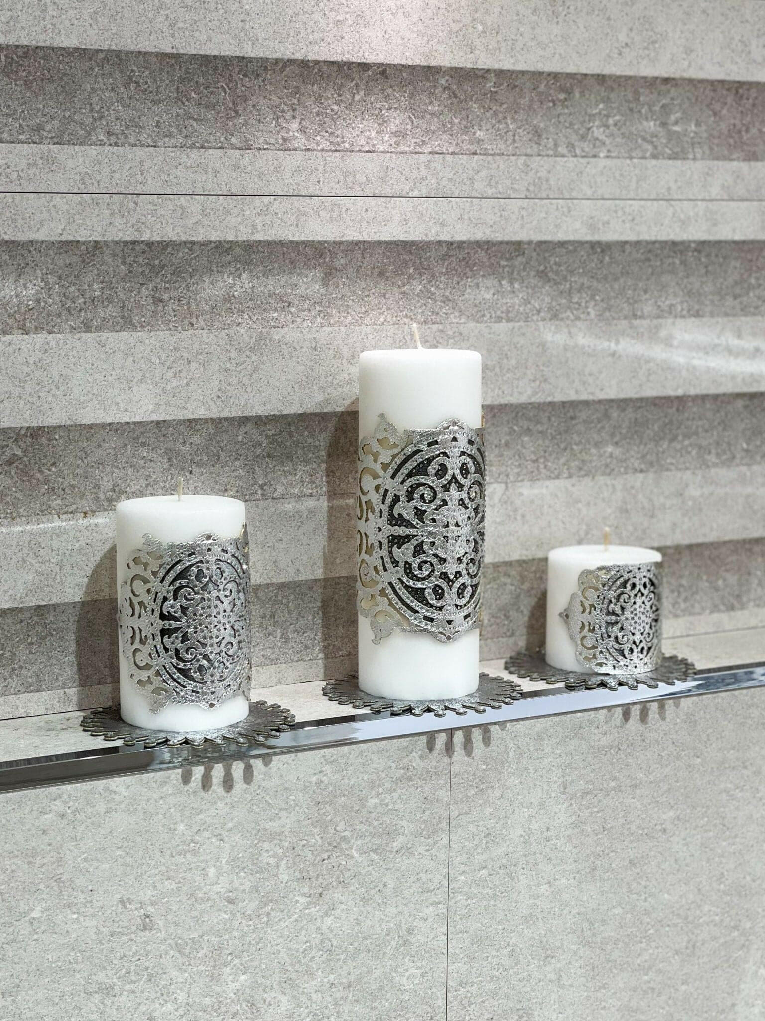 Ruya Silver Grey Leather Applied Candle Set of 3, Royal Style Luxury Decorative Candles from Creative Home