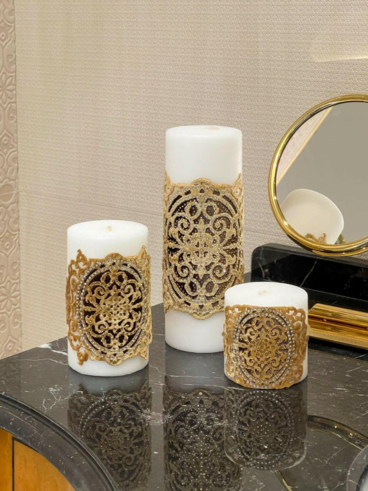 Ruya Gold Velvet Applied Candle Set of 3, Royal Style Luxury Decorative Candles from Creative Home