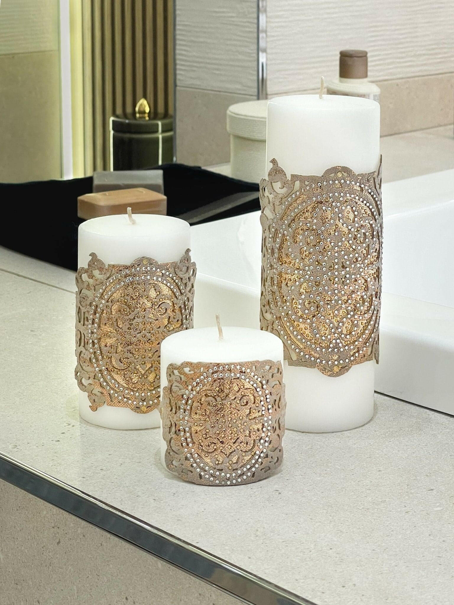Ruya Copper Leather Applied Candle Set of 3, Royal Style Luxury Decorative Candles from Creative Home