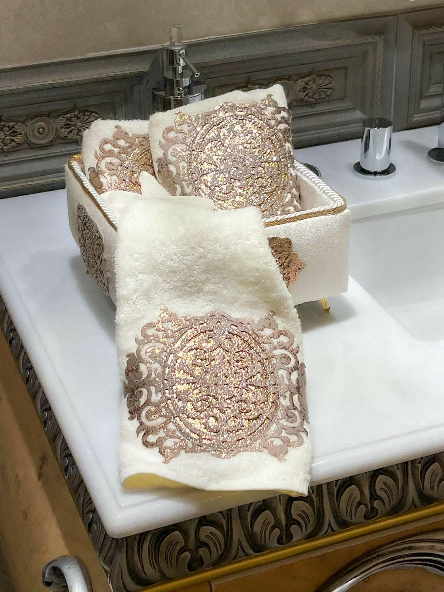 Ruya Decorative Towel Box Set, Velvet Luxury Bathroom Copper & Cream Color Towel Box Set by Creative Home
