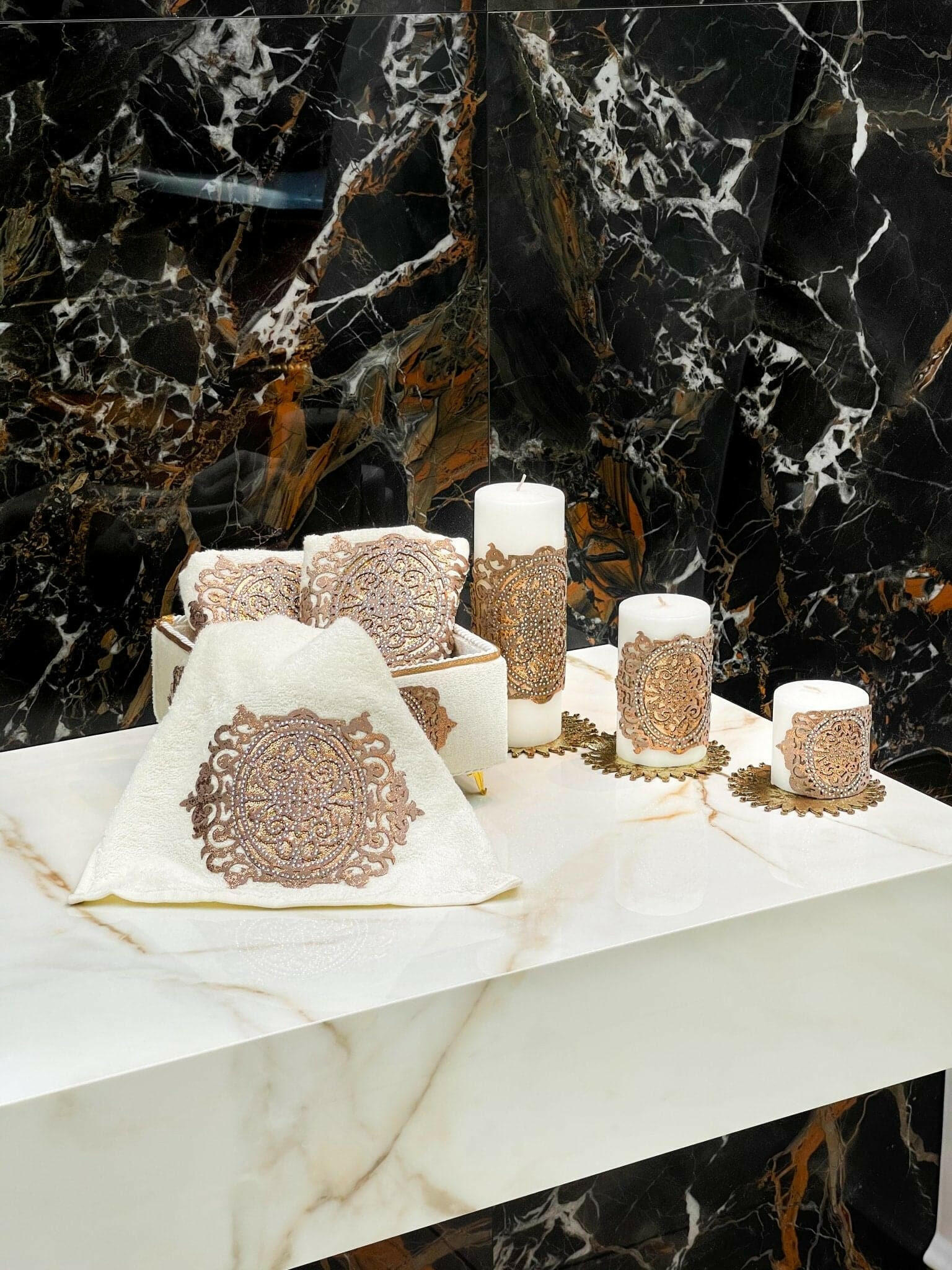 Ruya Decorative Towel Box Set, Velvet Luxury Bathroom Copper & Cream Color Towel Box Set by Creative Home,TB-CH-RUYA-Cop-BT