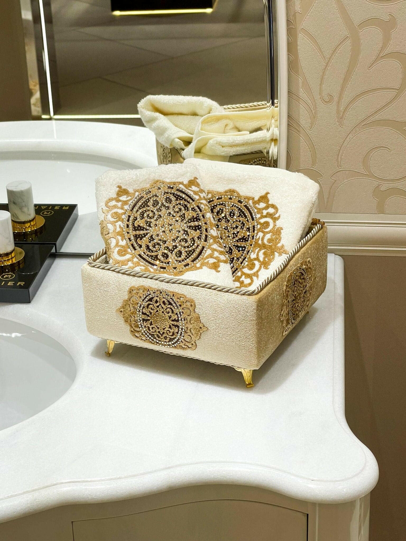 Ruya Decorative Towel Box Set, Velvet Luxury Bathroom Gold Color Towel Box Set by Creative Home