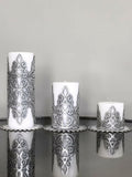 Sena Silver Gray Leather Applied Candle Set of 3, Leather Curly Cutout Pattern Decorative Candles by Creative Home