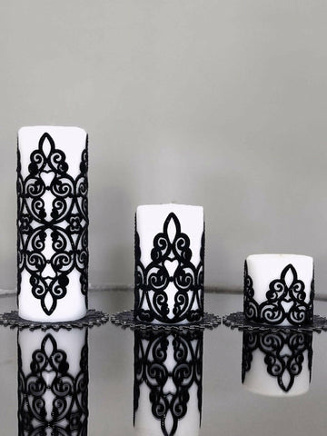 Sena Black Velvet Applied Candle Set of 3, Leather Curly Cutout Pattern Decorative Candles by Creative Home