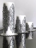 Sena Silver Gray Leather Applied Candle Set of 3, Leather Curly Cutout Pattern Decorative Candles by Creative Home,CS-CH-SENA-Si