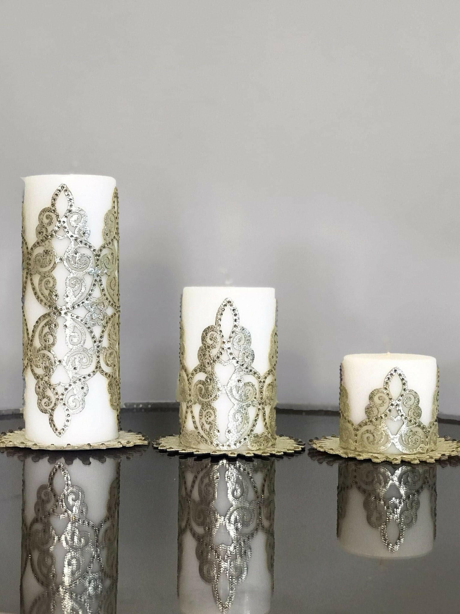 Sena Gold Leather Applied Candle Set of 3, Leather Curly Cutout Pattern Decorative Candles by Creative Home