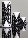 Sena Black Velvet Applied Candle Set of 3, Leather Curly Cutout Pattern Decorative Candles by Creative Home,CS-CH-SENA-Bla