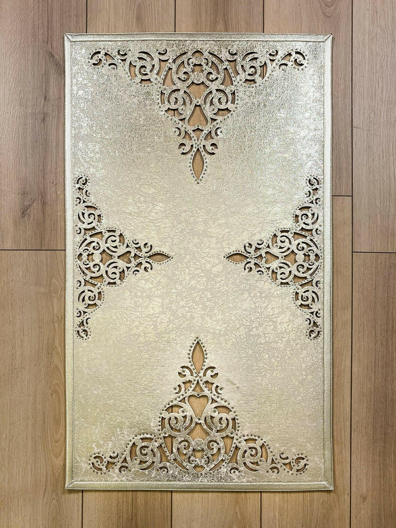 Sena Rug Aged Gold Color Rug - Creative Home Designs Rugs, Oriental Style Cut Out Laser Turkish Carpet With Diamonds, Non Slip Durable Mat