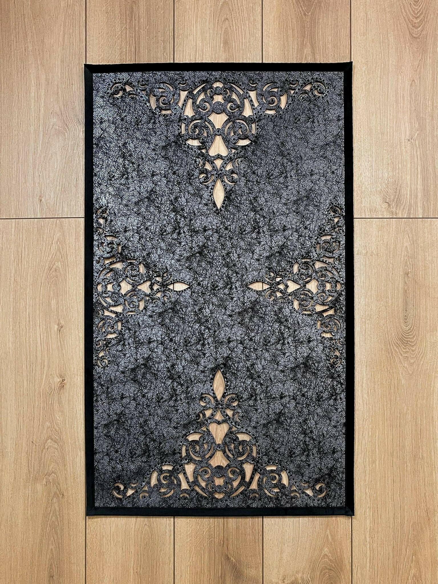 Sena Rug Metallic Black Color Rug - Creative Home Designs Rugs, Oriental Style Cut Out Laser Turkish Carpet With Diamonds, Non Slip Durable Mat