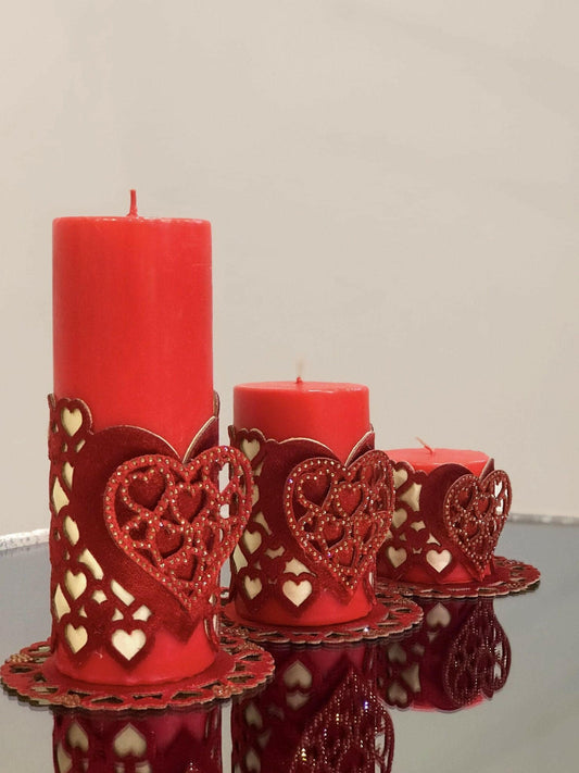 Sevgi Valentine'Day Red Candle Set of 3, Leather Red Heart Decorative Candles by Creative Home