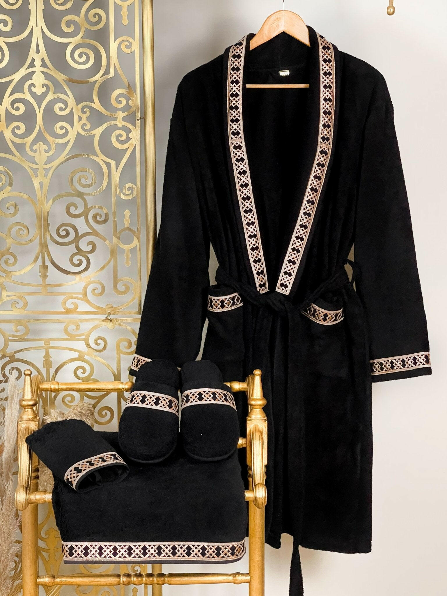 Tara Exclusive Bathrobe (His) - Creative Home Designs, Bathrobes, Men's luxury design robe with copper laser cut Celtic style patterned dressing 