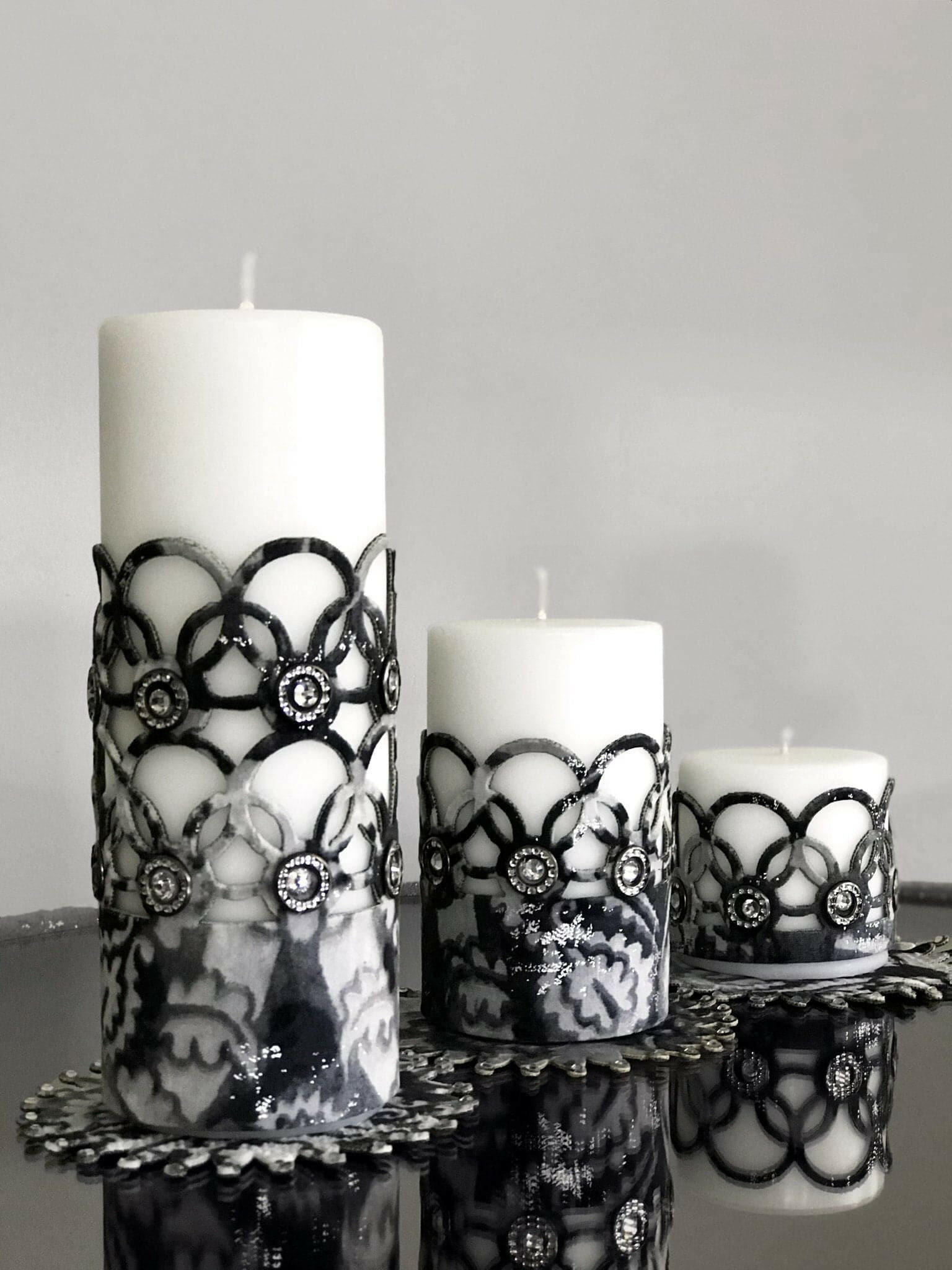 Zerre Anthracite Grey Luxury Candle Set of 3, Leather Circular Pattern, Decorative Glamorous Candles by Creative Home