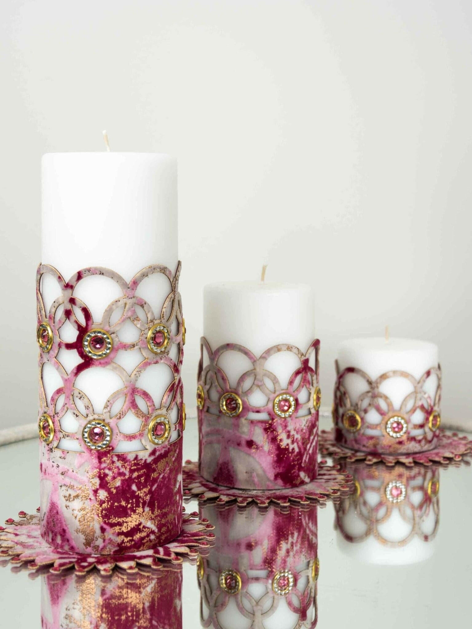 Zerre Pink Copper Luxury Candle Set of 3, Leather Circular Pattern, Decorative Glamorous Candles by Creative Home