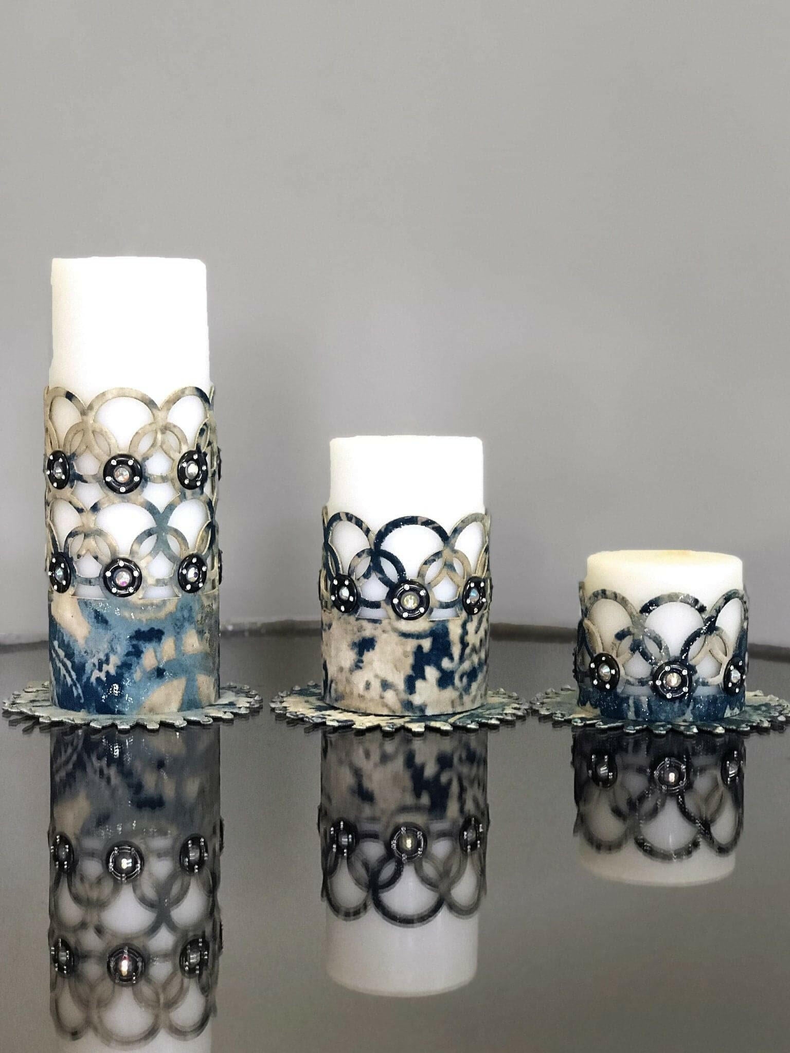 Zerre Turquoise Ecru Luxury Candle Set of 3, Leather Circular Pattern, Decorative Glamorous Candles by Creative Home,CS-CH-ZRRE-TuEc