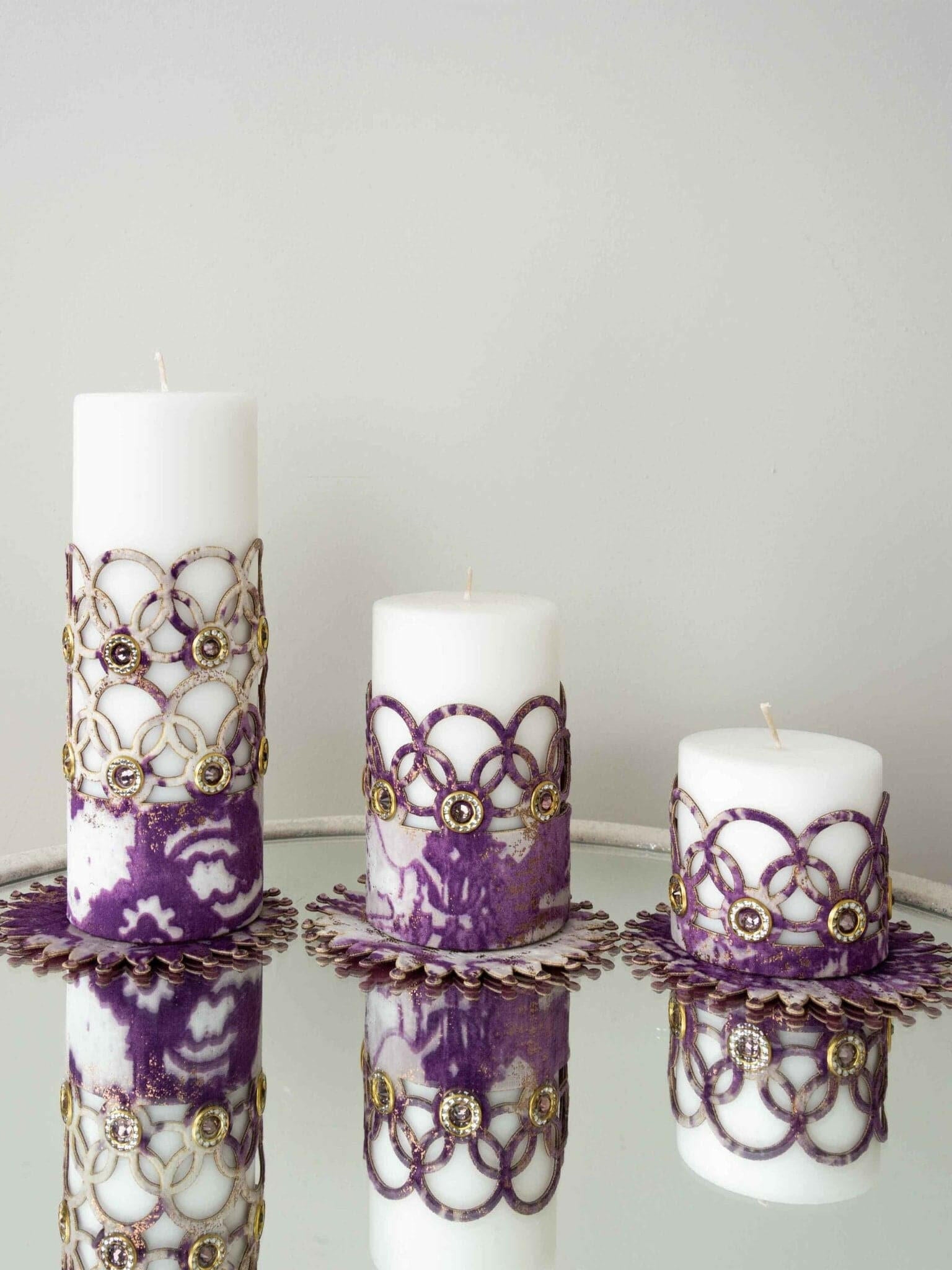 Zerre Purple Copper Luxury Candle Set of 3, Leather Circular Pattern, Decorative Glamorous Candles by Creative Home,CS-CH-ZRRE-PurCop